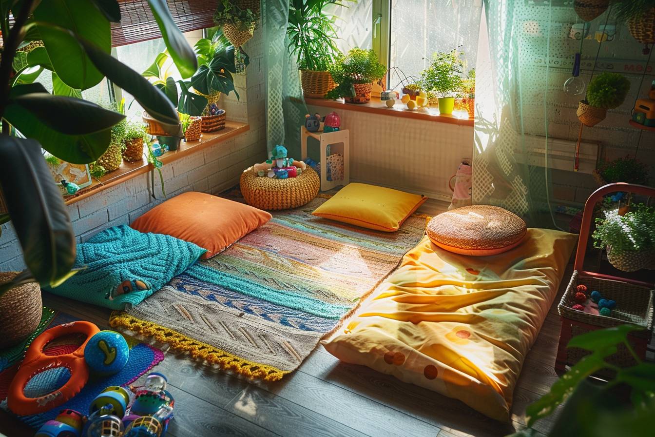 Chambre d'enfant colorée et créative décorée avec des matériaux recyclés pour un espace de jeu éco-innovant